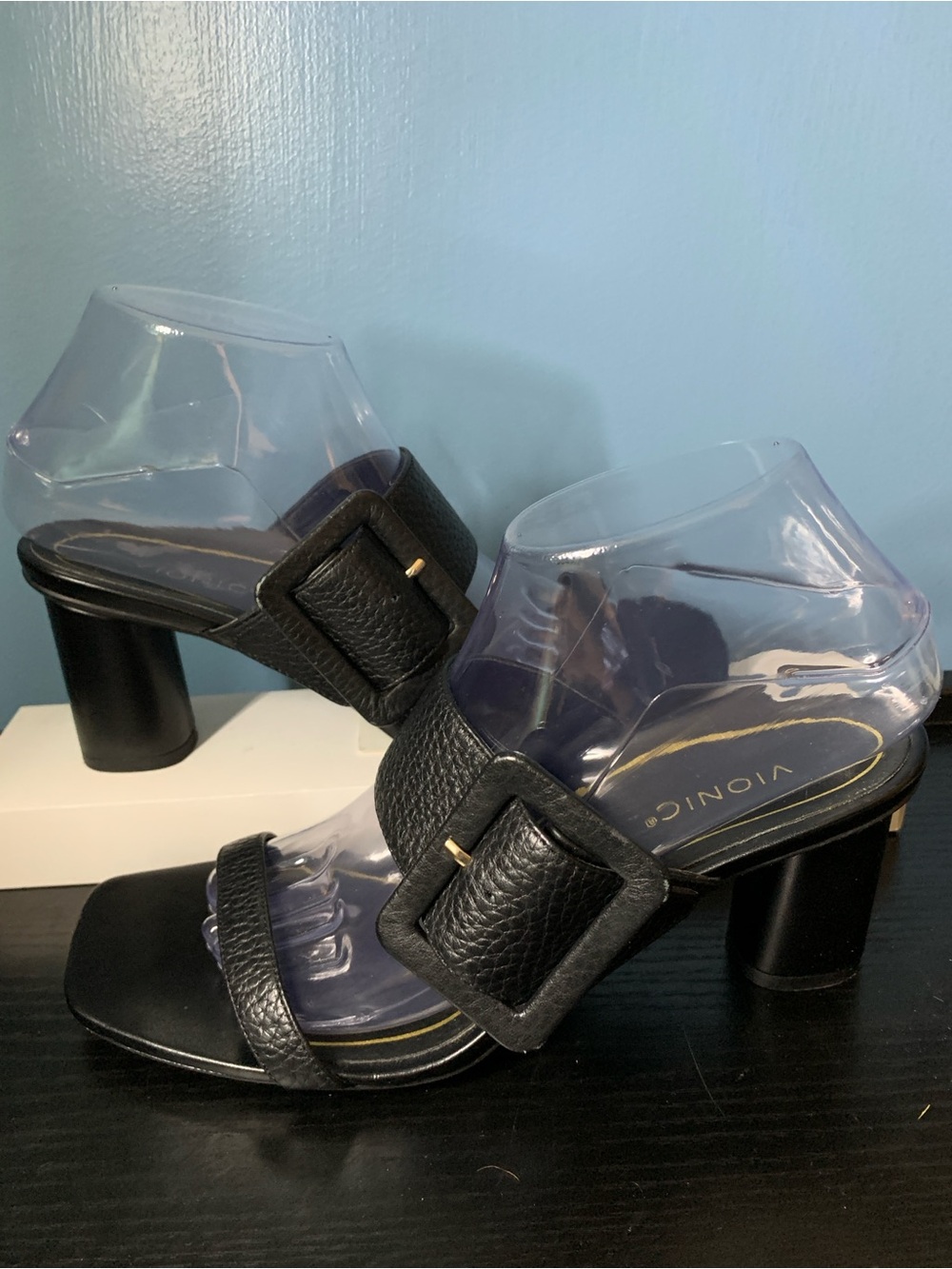 Vionic Brookell Black Strap Buckle Leather Heels
